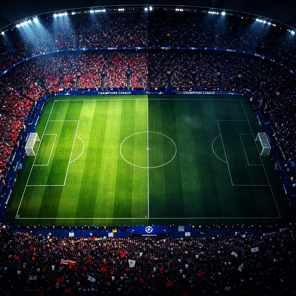 Champions League Stadion bei Nacht zeigt Heimvorteil im Achtelfinale