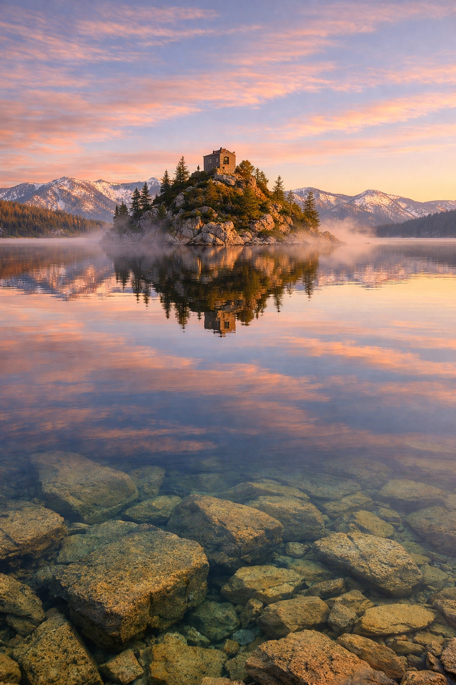 Sunrise at Emerald Bay Lake Tahoe with Fannette Island reflections and misty mountain peaks.