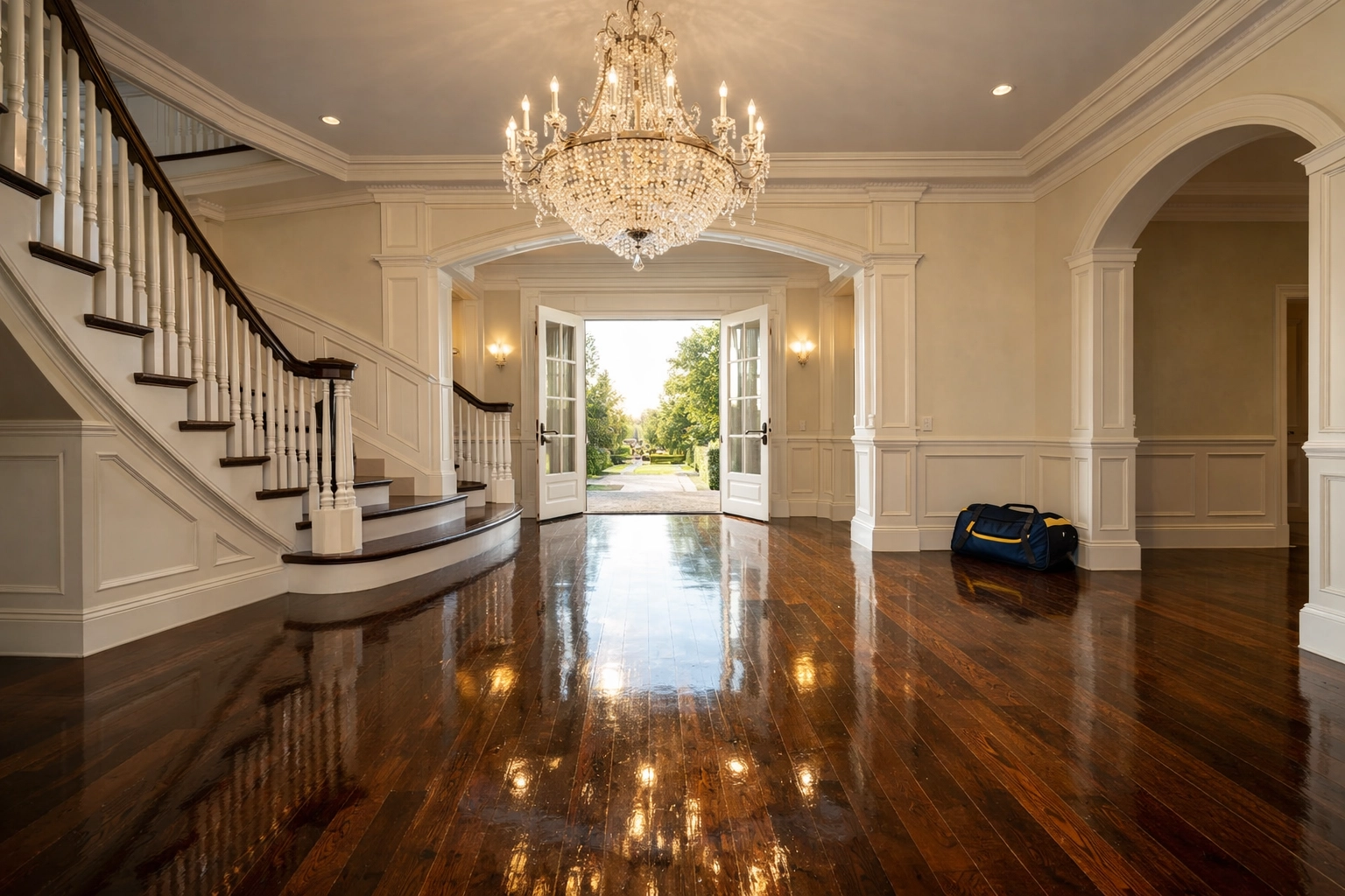 Shiny grand foyer floors after a professional move-out residential cleaning Massachusetts service in Dover.
