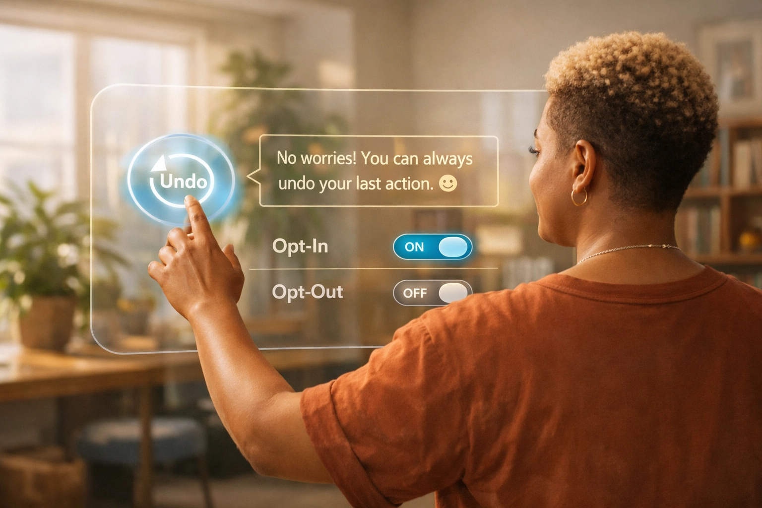 Person using supportive AI interface with accessible controls and dignity-centered design