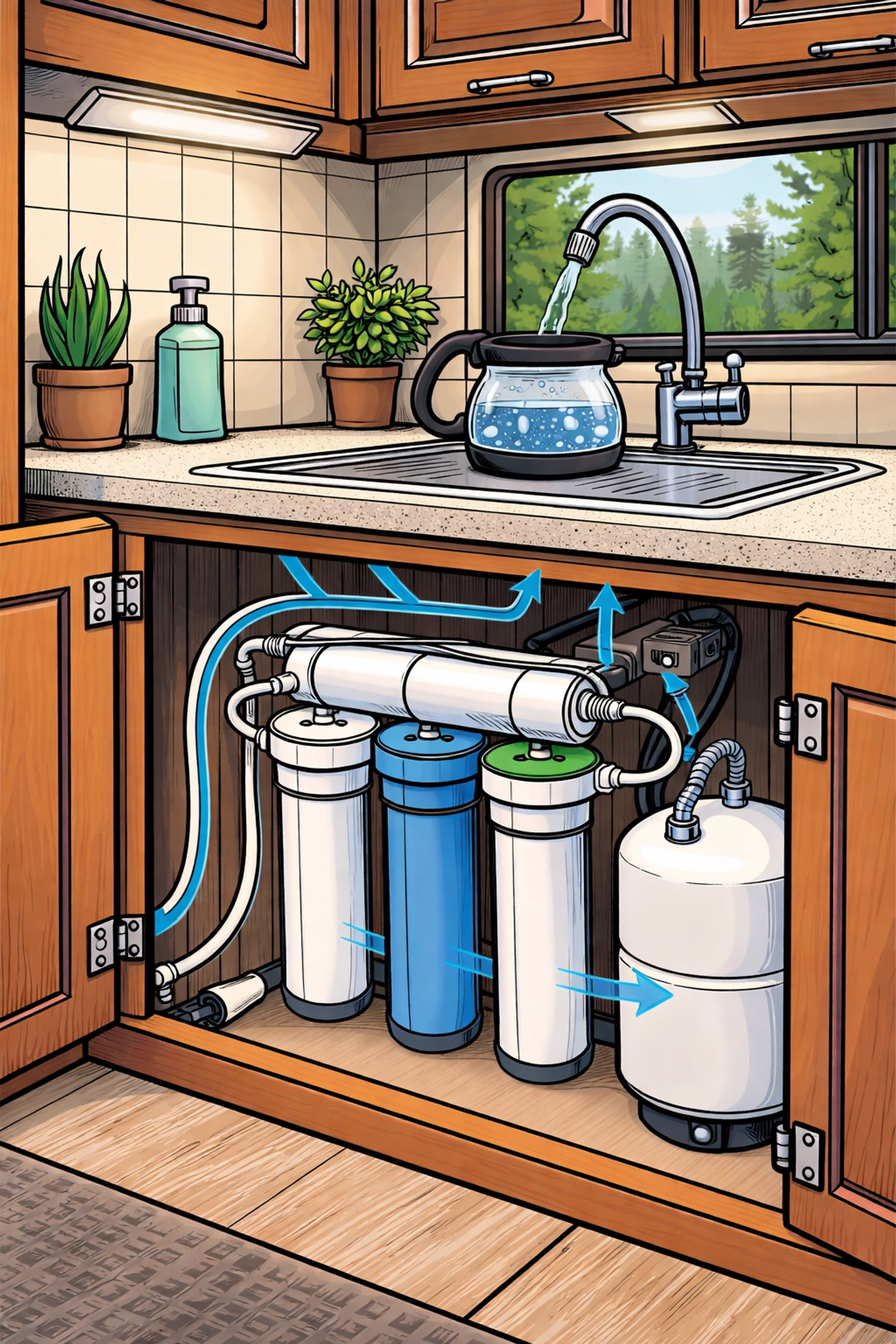 Graphic showing an under-sink RV water filter system with clean water flowing to a kitchen faucet and coffee pot.