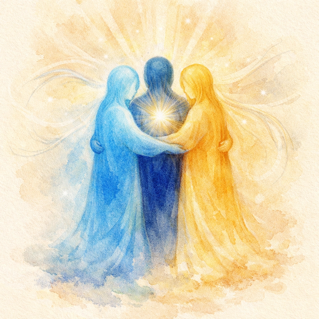Three figures embracing in unity representing the Trinity's relational nature and divine connection