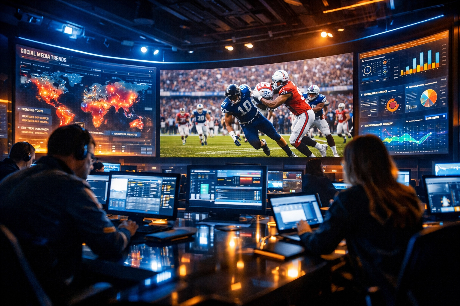 Digital marketing experts in a high-tech war room tracking real-time Super Bowl fan sentiment and ROI data.