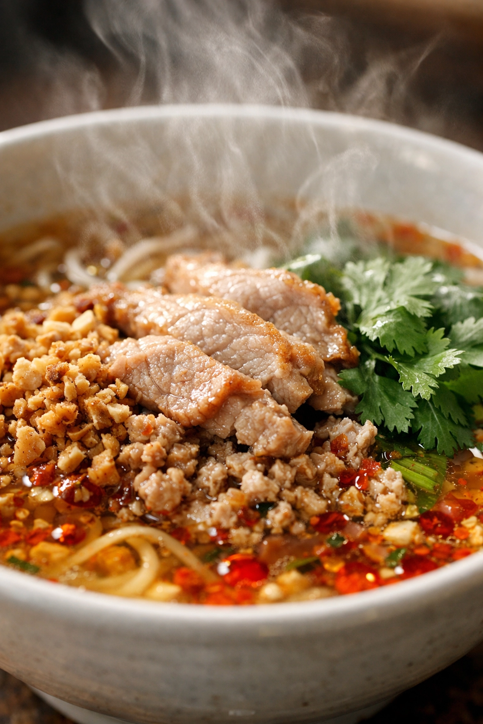 A delicious bowl of Tom Yum pork noodles, showcasing top-rated budget travel food in Bangkok's local markets.