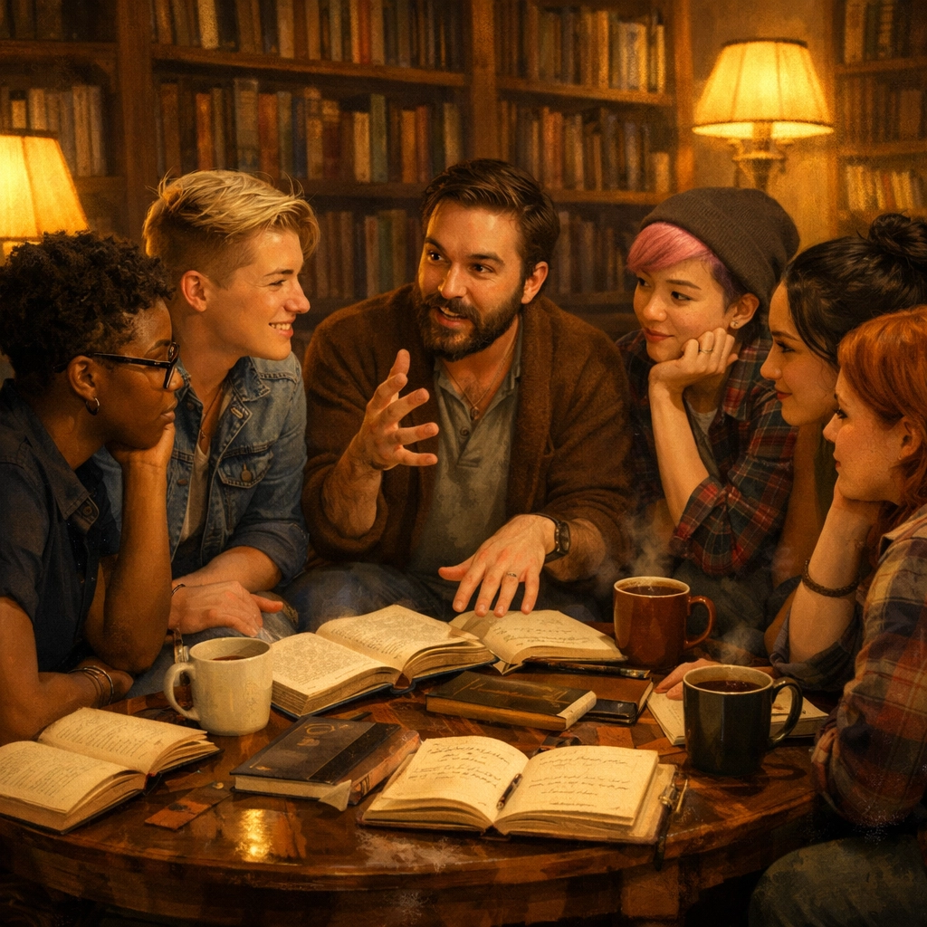 A diverse LGBTQ+ group discussing queer theory and philosophy in a cozy, intellectual bookstore café setting.