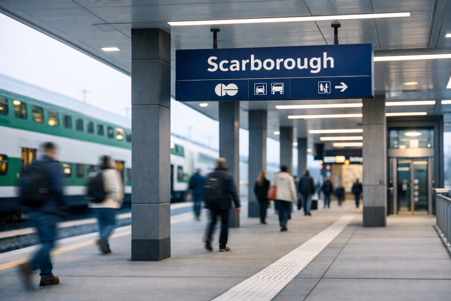 Scarborough GO Transit station platform showing modern infrastructure and connectivity