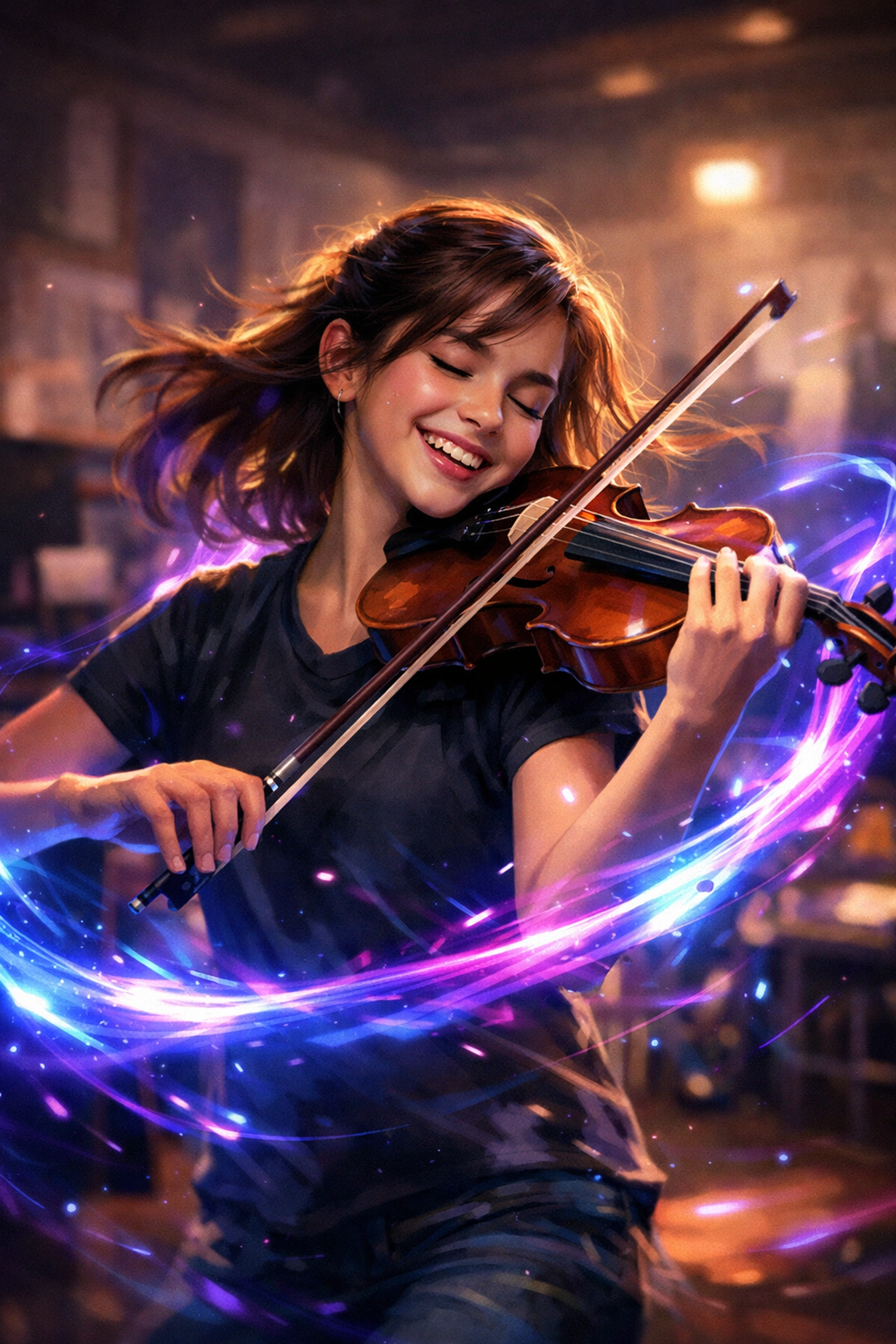 A young girl playing violin in a creative flow state with glowing blue energy, illustrating the joy of making music.