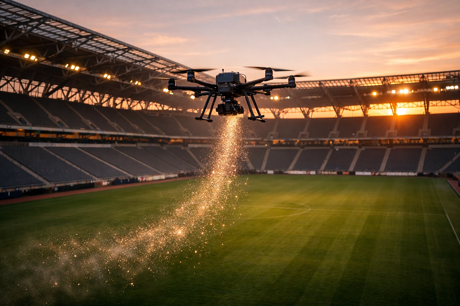 Dignified drone cremation ashes scattering service over a scenic sports stadium pitch for a personalized memorial.