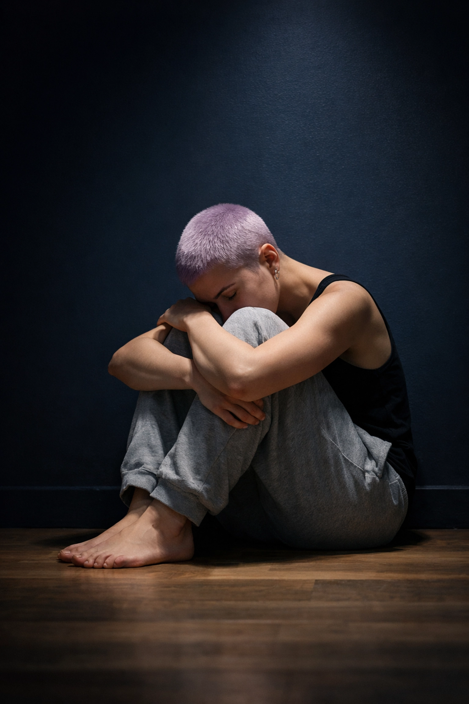 A non-binary person practicing queer healing and self-compassion in a quiet, reflective moment.