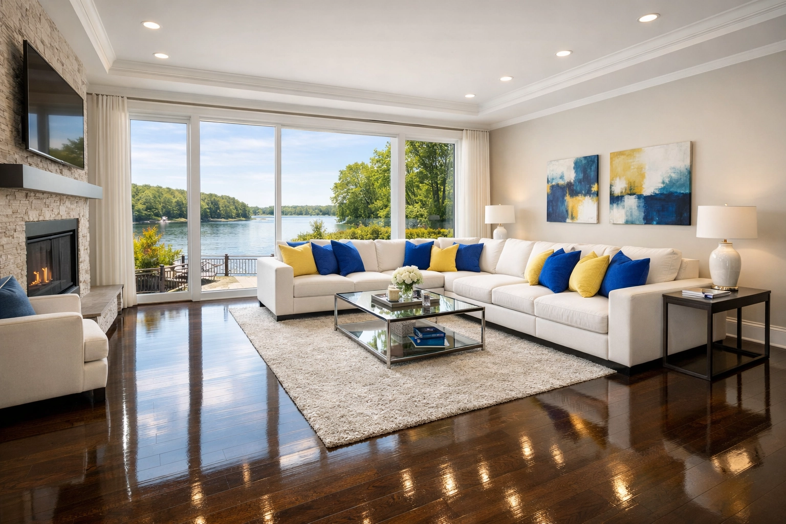 Spotless living room with polished floors from Weekly House Cleaning East Brookfield MA services.