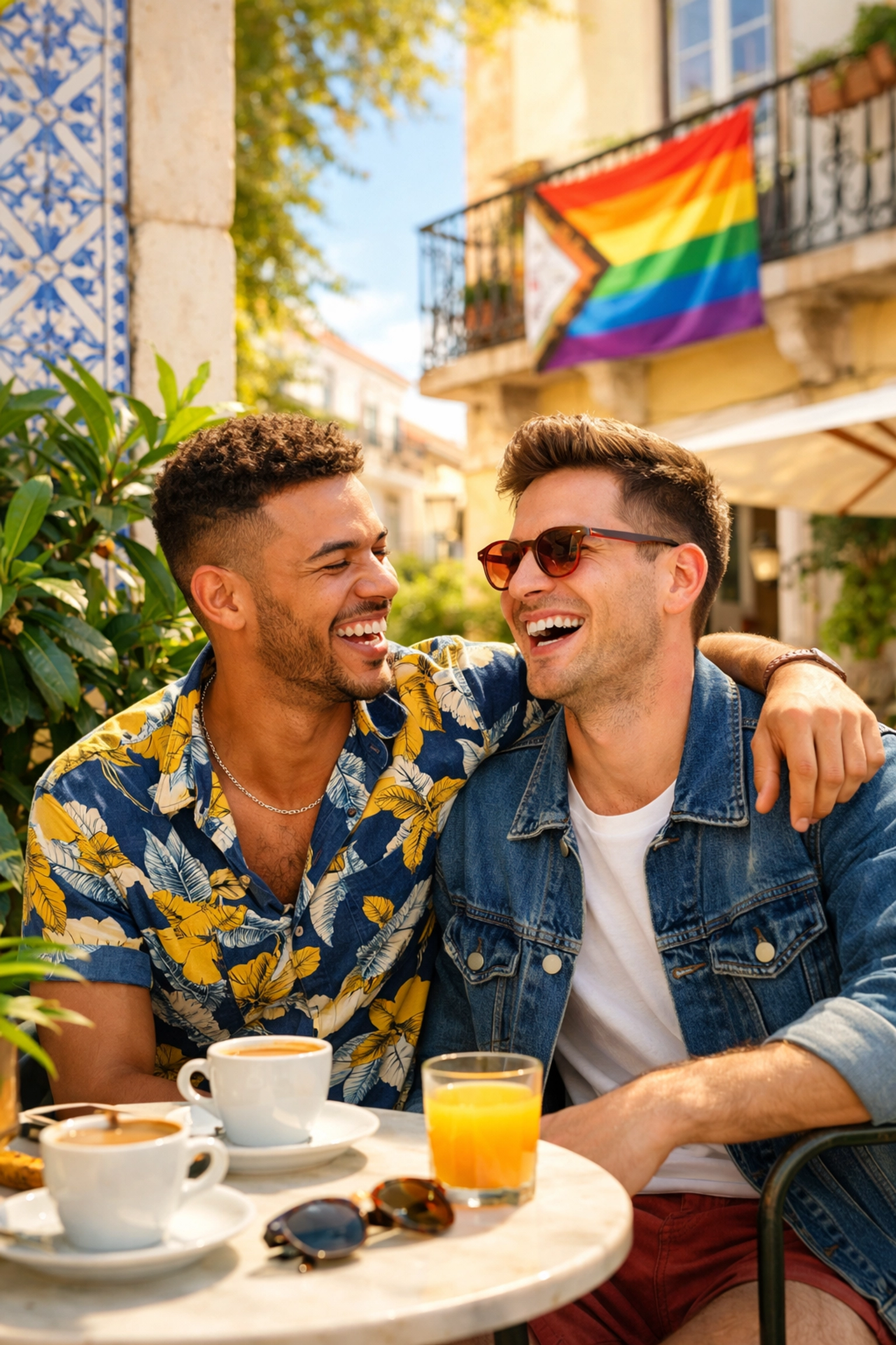 Gay couple laughing at an outdoor café in Lisbon's queer-friendly Príncipe Real district with a Pride flag.