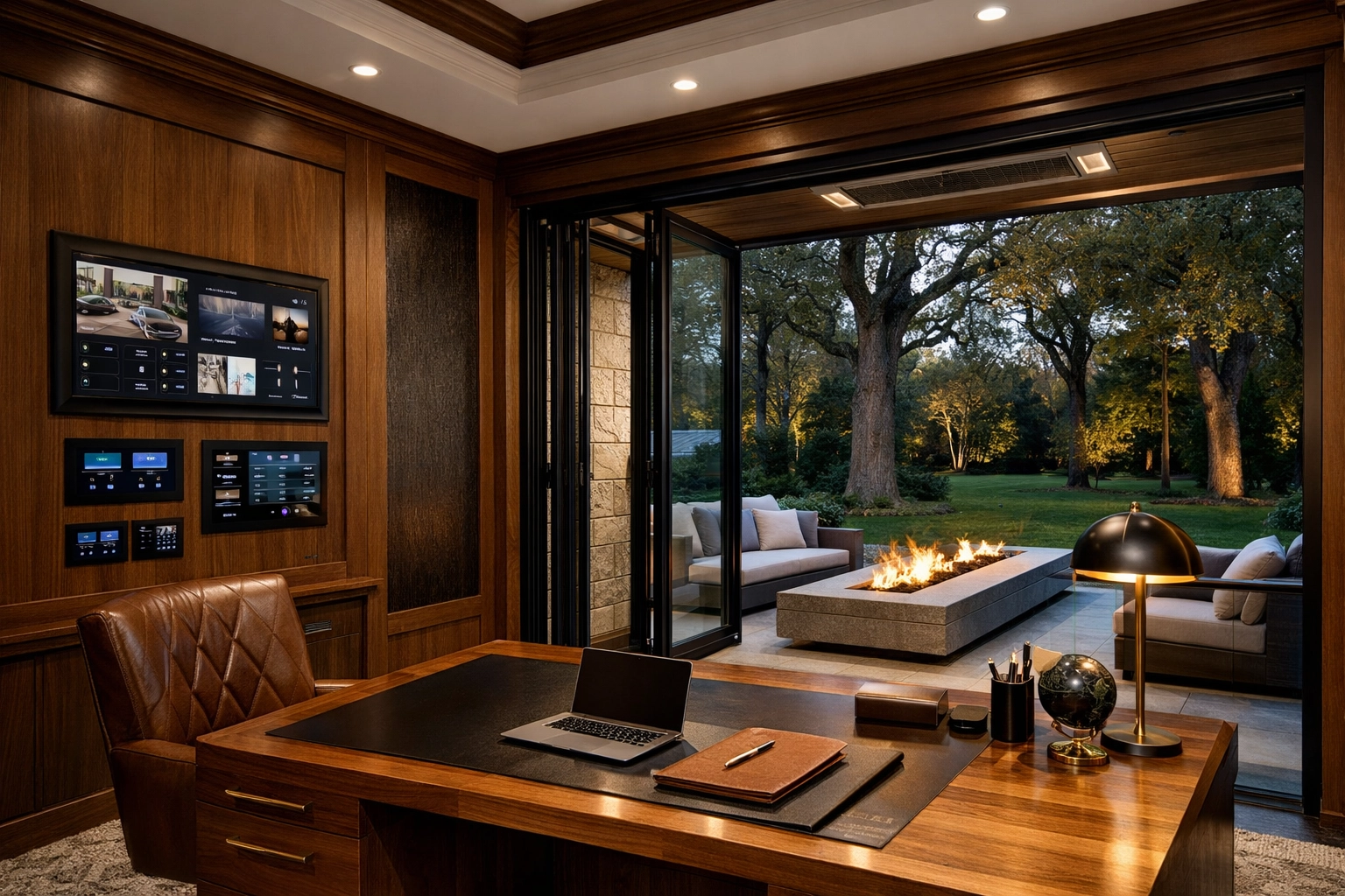 Modern luxury home office in a North Shore Chicago mansion featuring smart home technology and a private terrace.