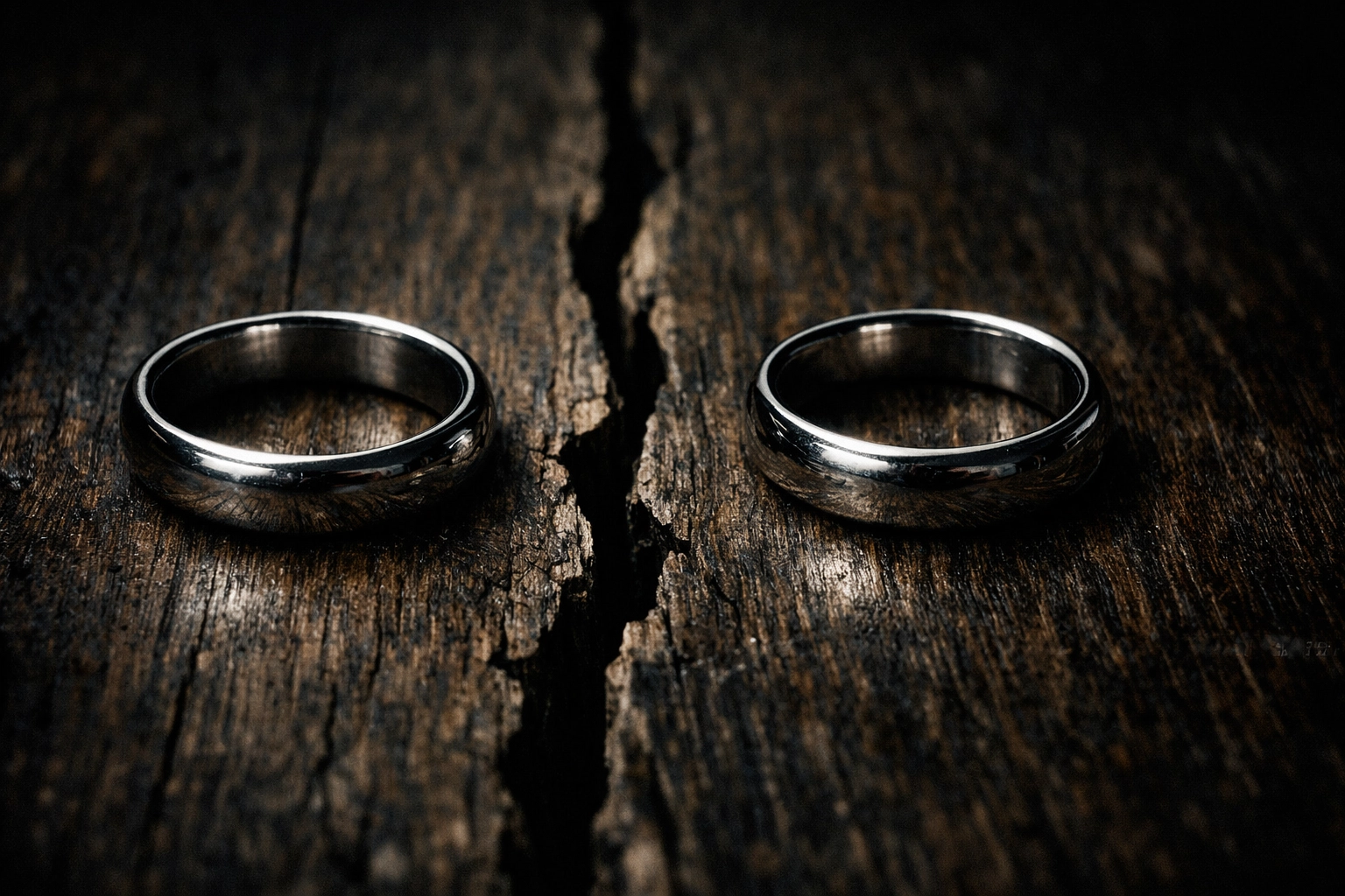 Silver wedding rings separated by a crack in wood symbolizing a broken marriage in need of healing.