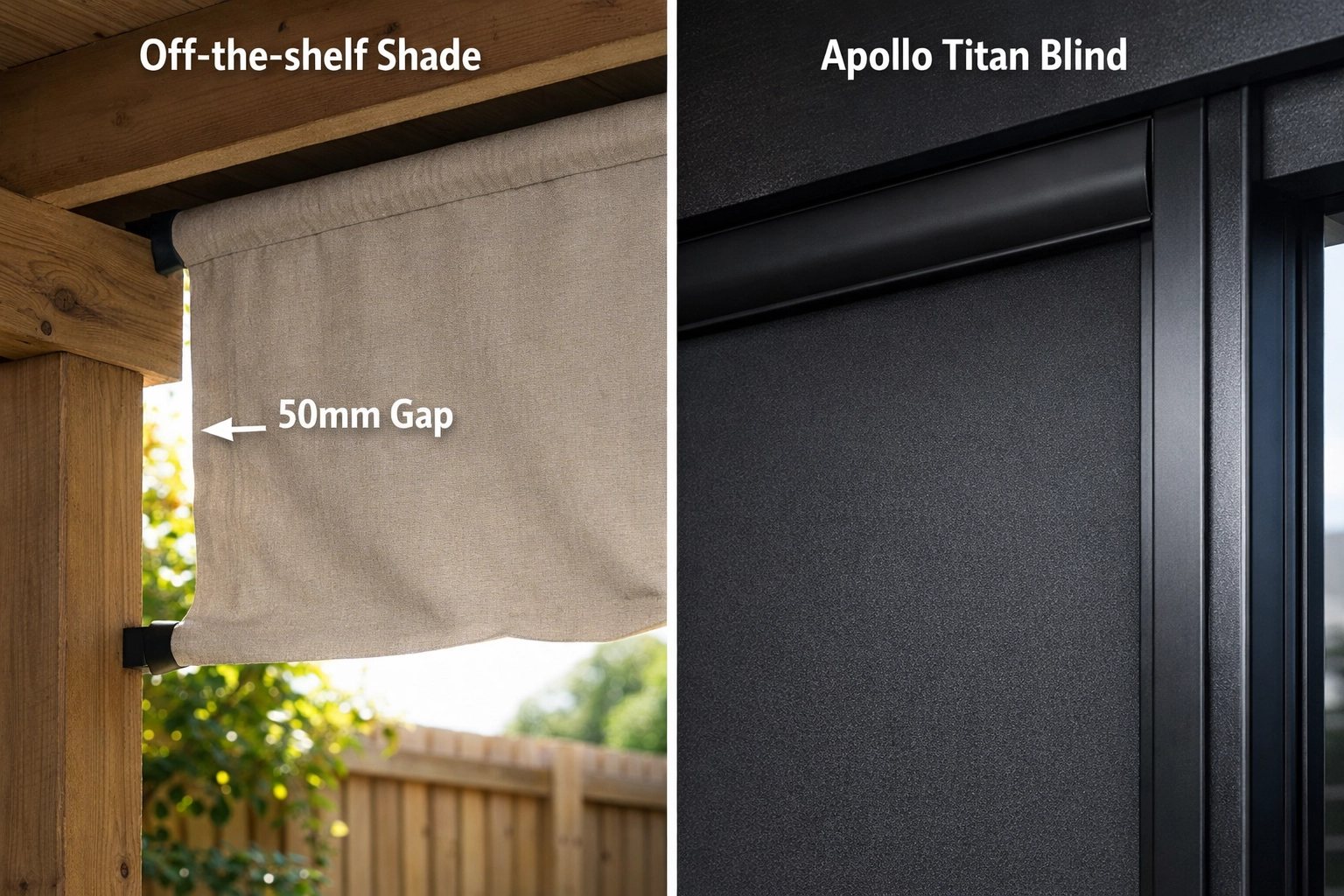 Comparison of loose standard outdoor shades versus custom-fit track-guided privacy blinds.
