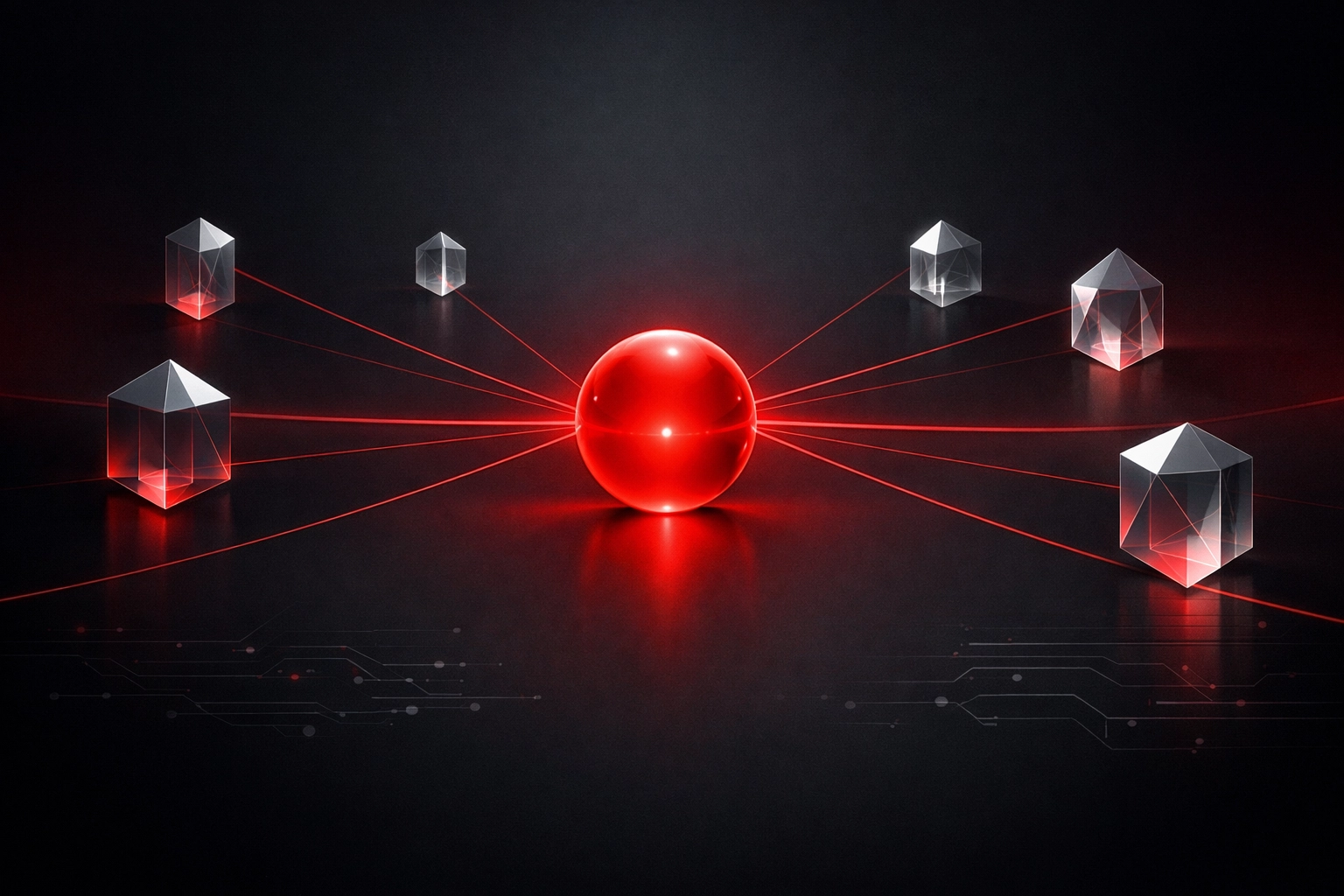Glowing sphere connected to external prisms representing brand authority and third-party mentions in 2026 SEO.