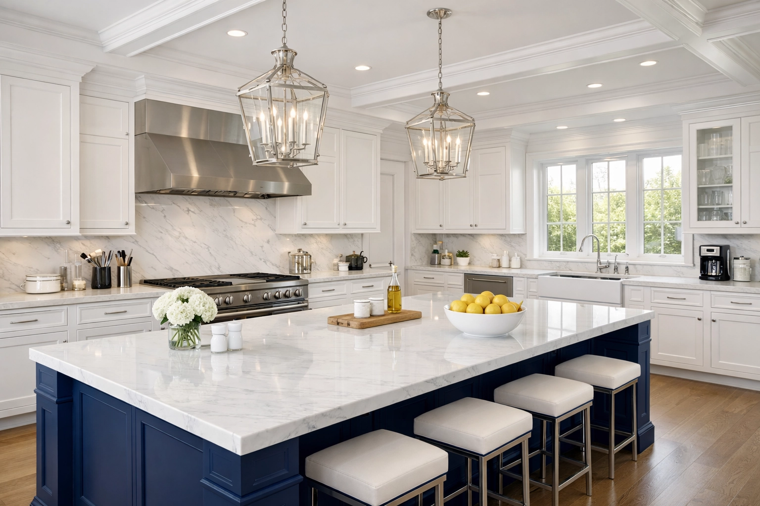 A pristine luxury kitchen in Dover showing the result of elite residential cleaning Massachusetts services.