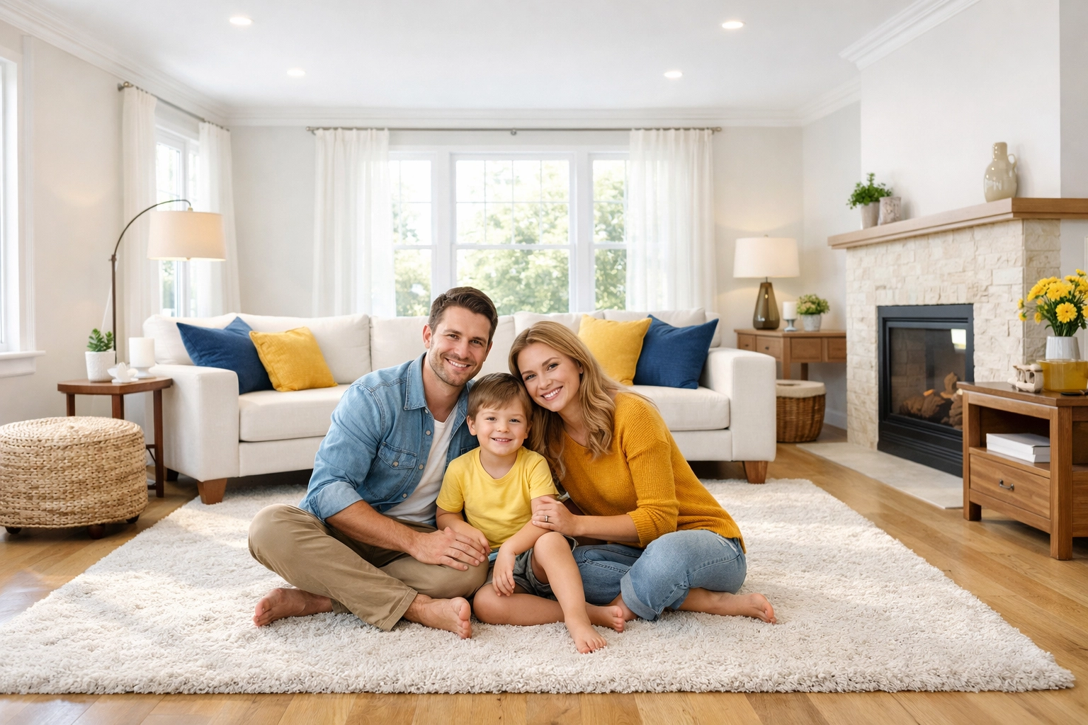 A family relaxes in a clean living room with healthy air quality after a post-construction deep clean.