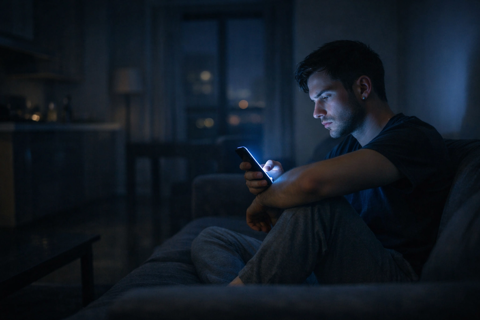 Gay man experiencing isolation while using phone late at night reflecting on mental health concerns