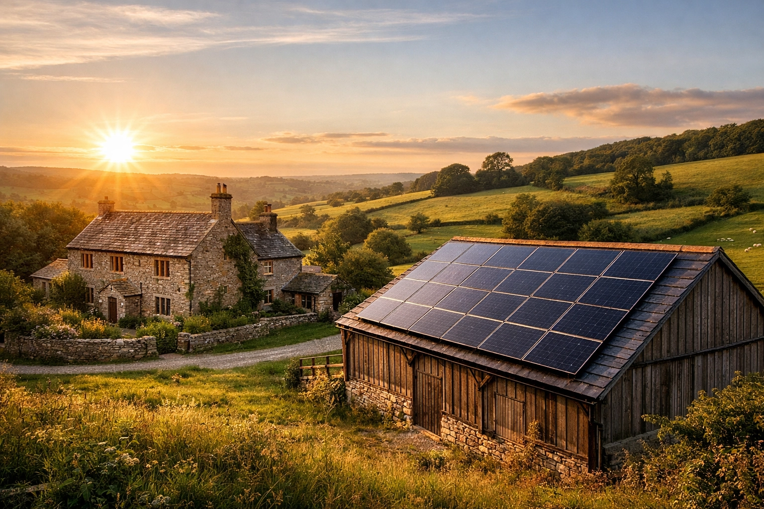 Traditional stone farmhouse in the Wiltshire countryside featuring a discreet barn-mounted solar PV system.