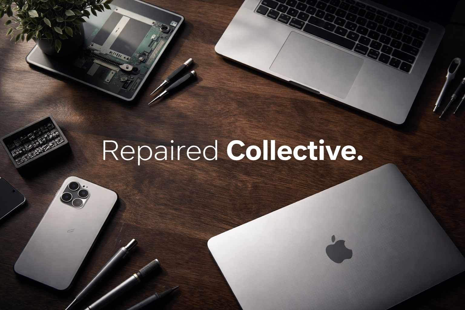 Overhead shot of iPhone, iPad, and MacBook arranged neatly on dark wood table, premium cinematic lighting — sustainability vibe