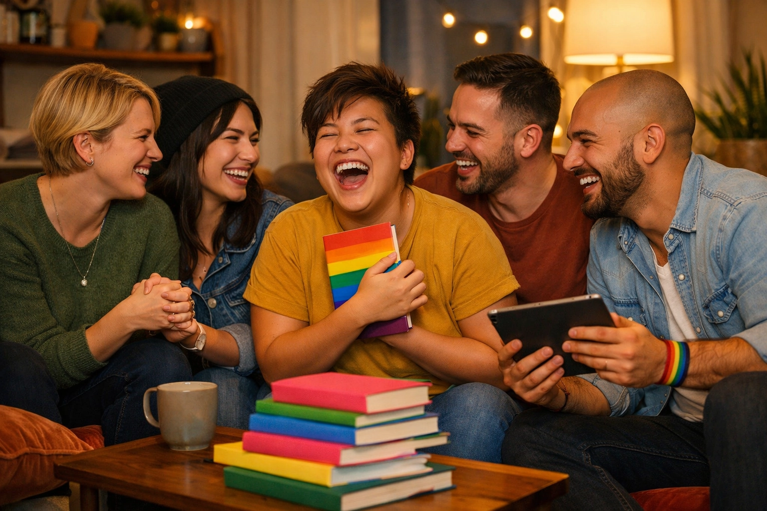 LGBTQ+ friends sharing joy and reading gay romance books together, celebrating chosen family.
