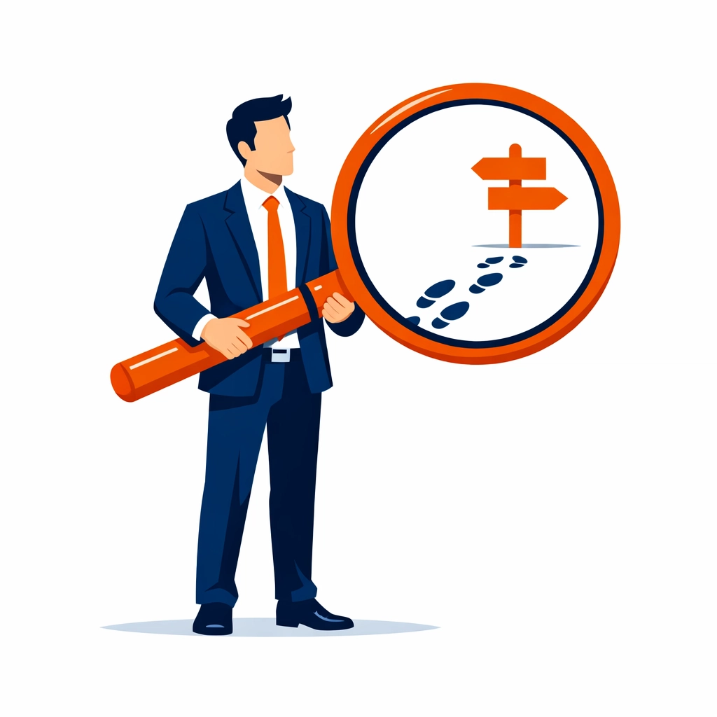 Vector illustration showing a researcher uncovering real user behavior paths for customer education.