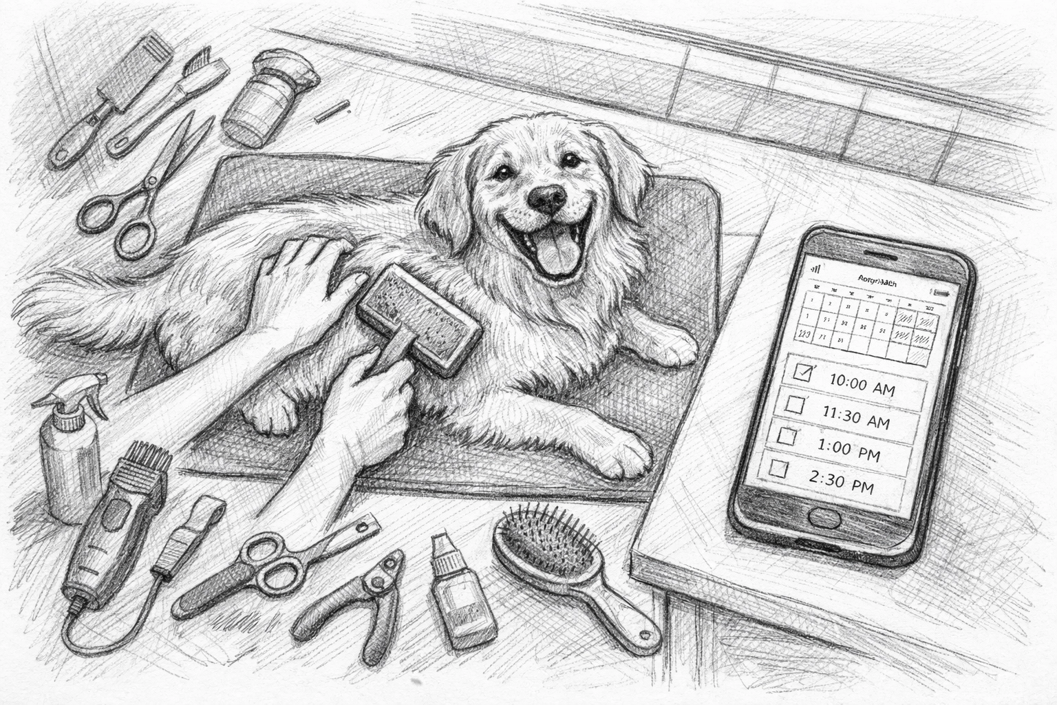 Pet groomer working with dog while smartphone displays online booking calendar on counter