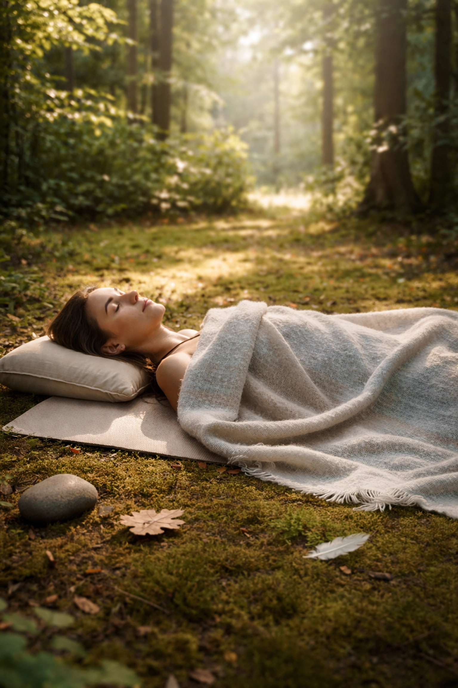 Person practising ecoNIDRA on a yoga mat in a peaceful forest clearing, illustrating nature connection and deep relaxation.