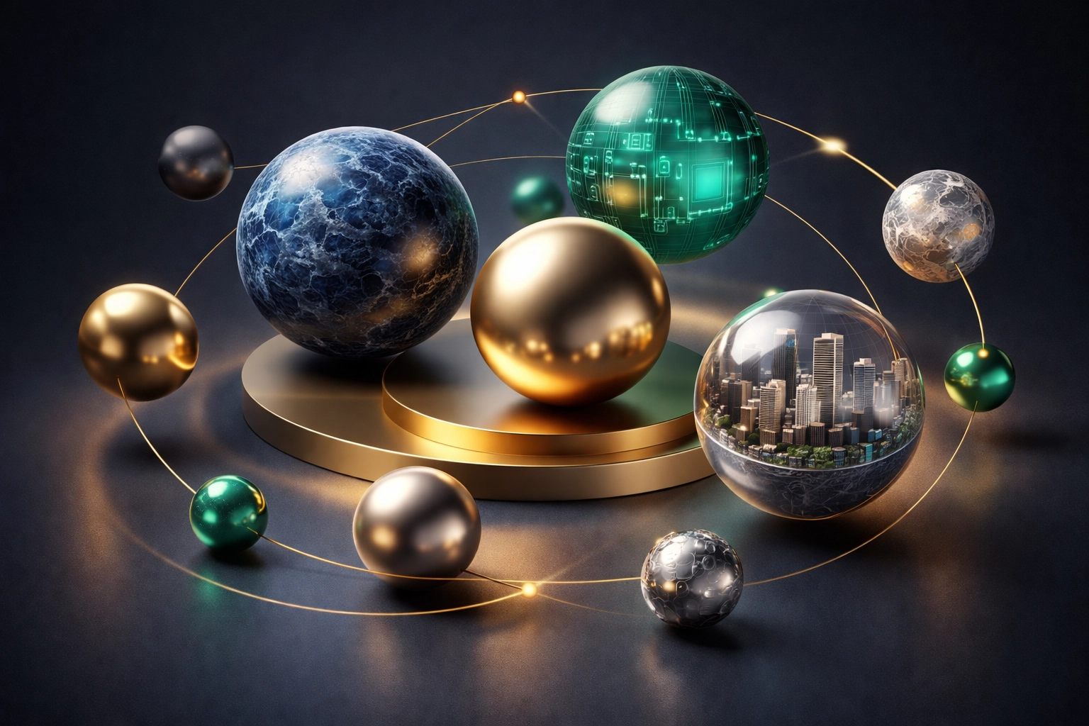 Visualization of a diversified investment portfolio with spheres representing different asset classes for accredited investors