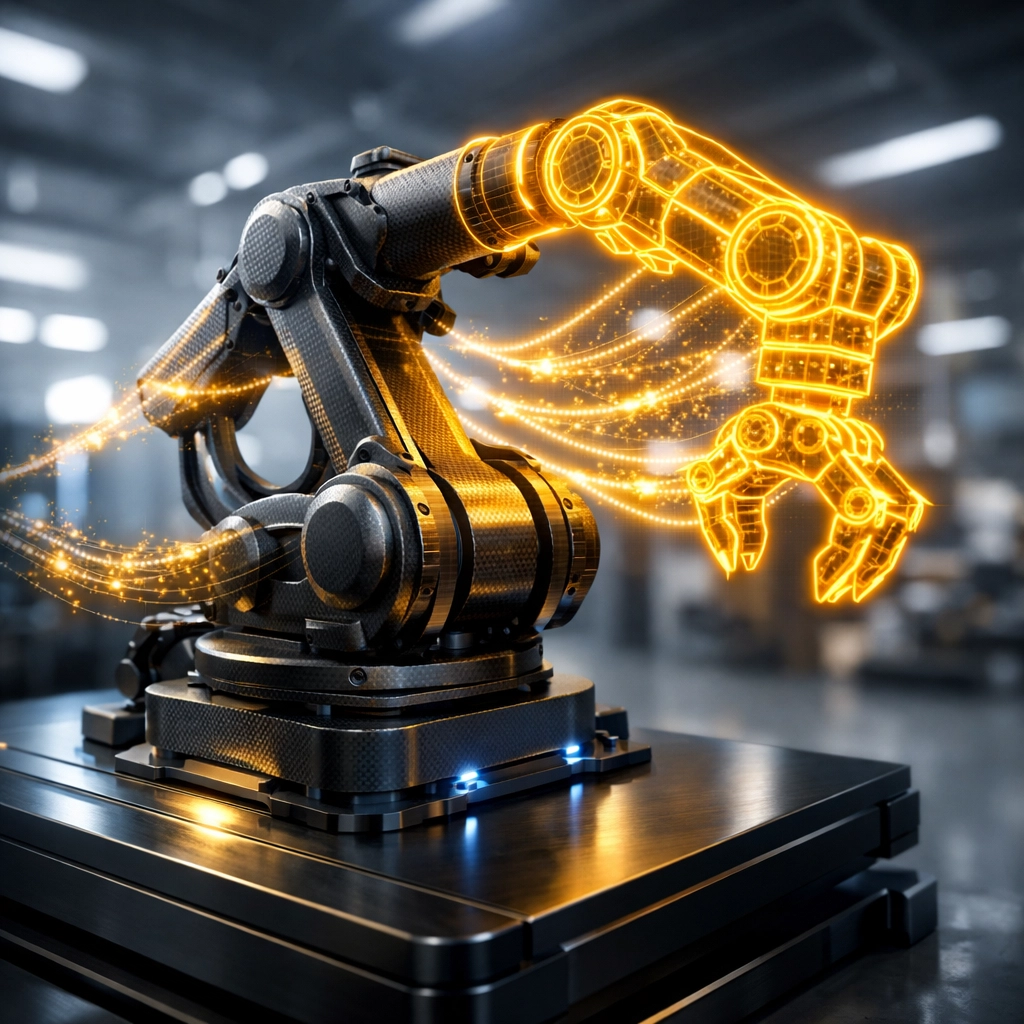 Industrial robot arm synchronized with a glowing digital twin wireframe for real-time diagnostics and analysis.