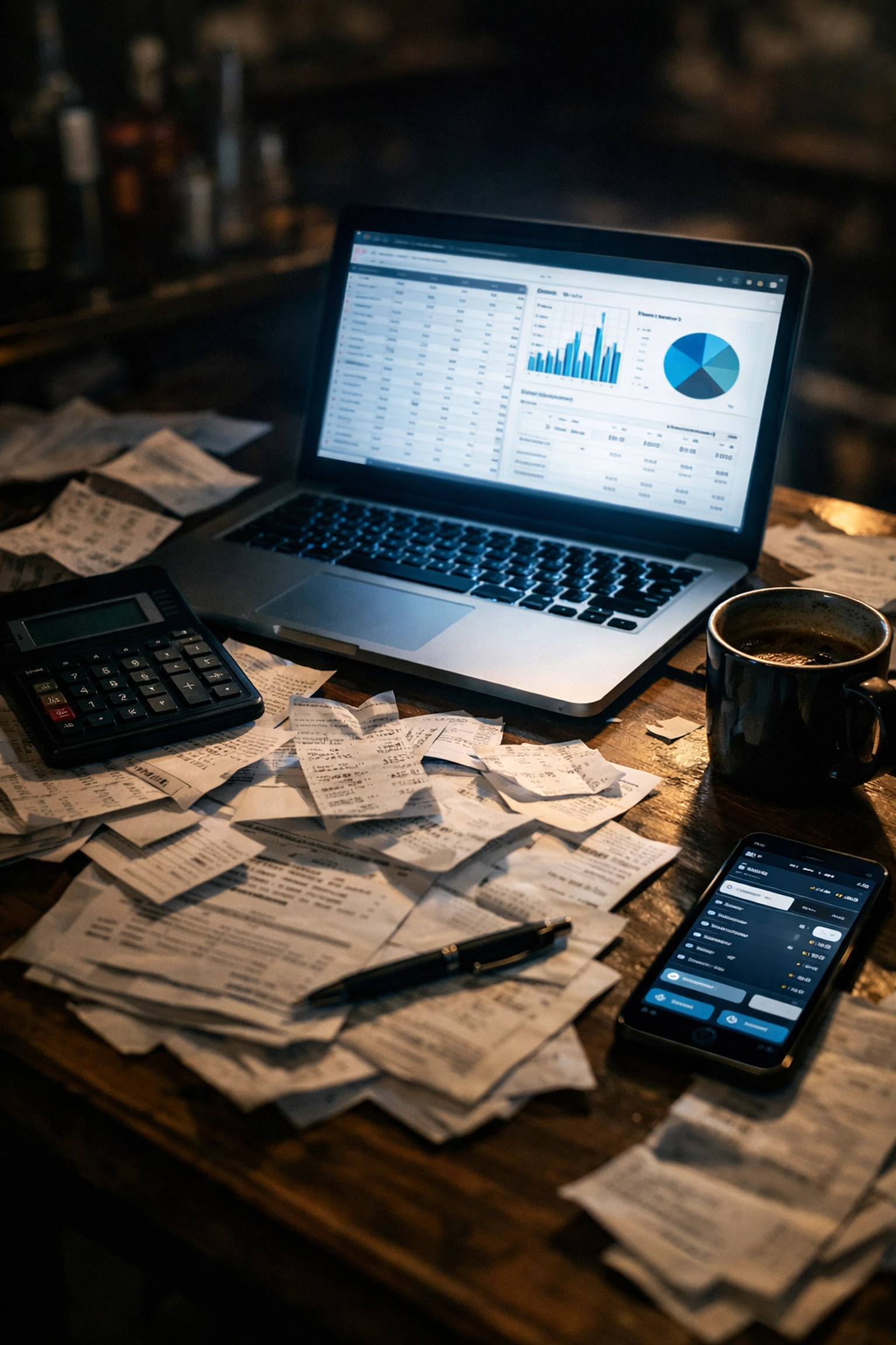 Restaurant owner analyzing financial data and analytics dashboards late at night