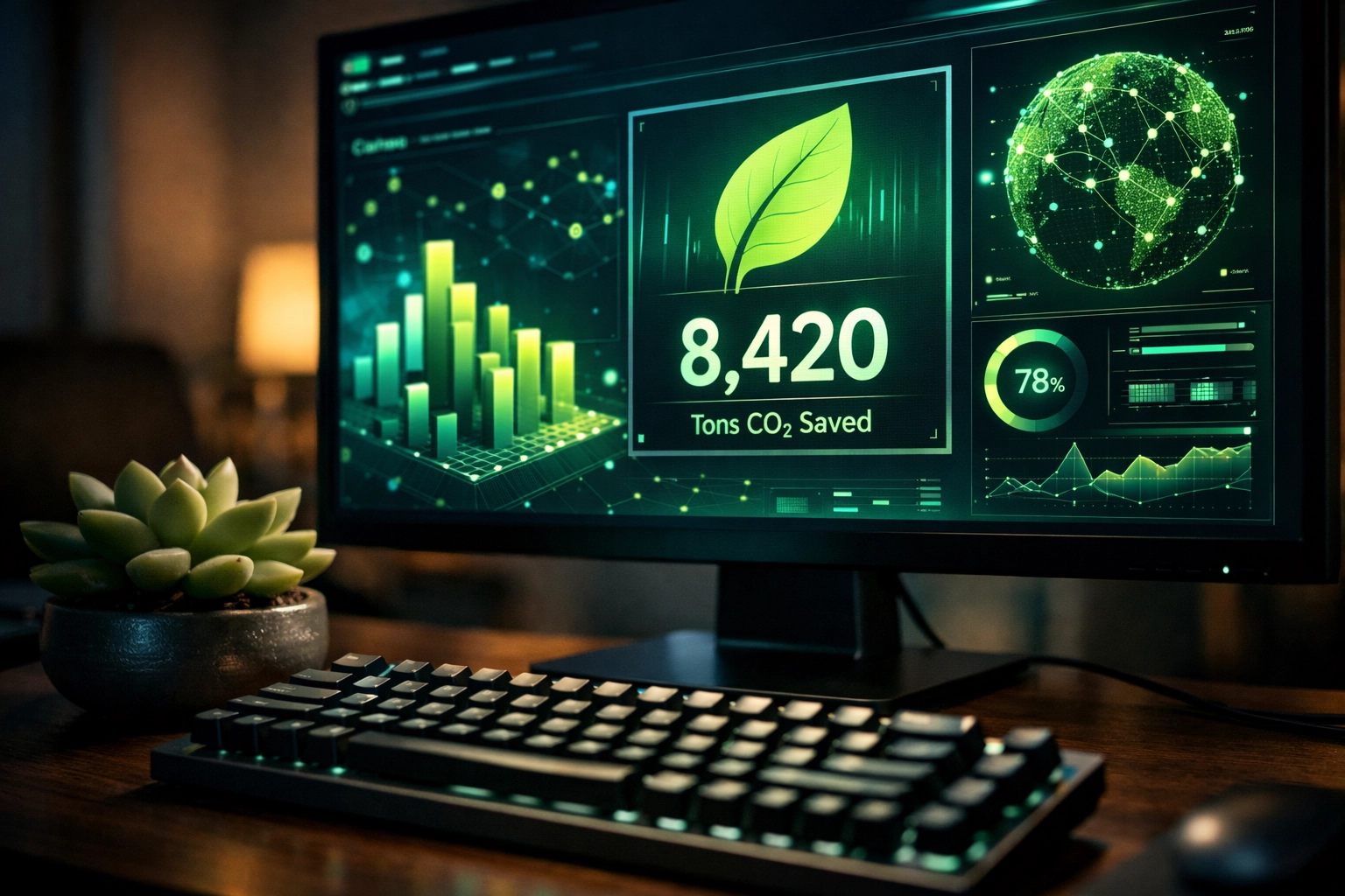 Software developer monitor displaying a green energy dashboard and carbon footprint metrics.