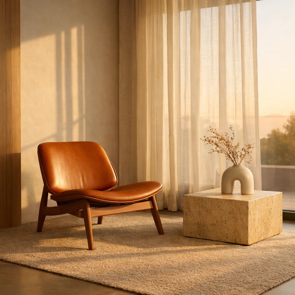 A minimalist boutique hotel lobby featuring mid-century modern furniture and warm, natural design elements.