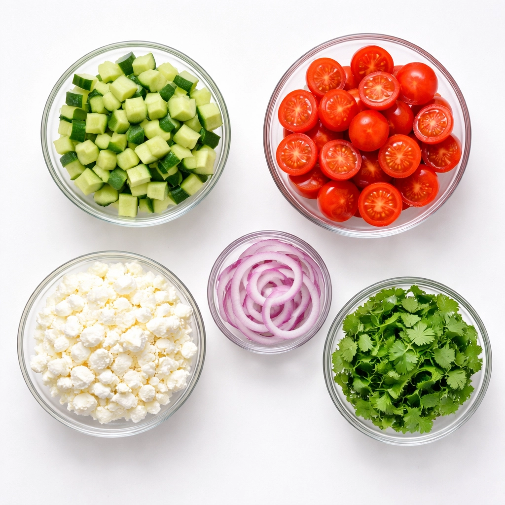 Keto-friendly turkey salad ingredients including cucumber, tomatoes, feta, onion, and cilantro in bowls