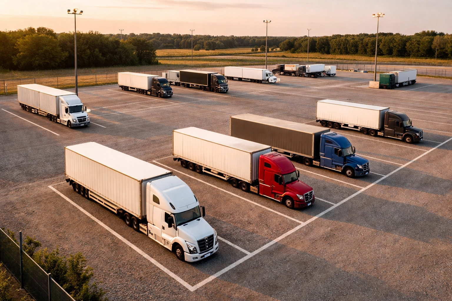 Spacious Houston truck parking lot at sunset with wide lanes and semi-trucks for safe, convenient parking.