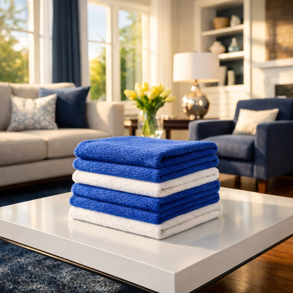 Stack of clean microfiber cloths for deep cleaning services in a sunlit Marlborough living room.