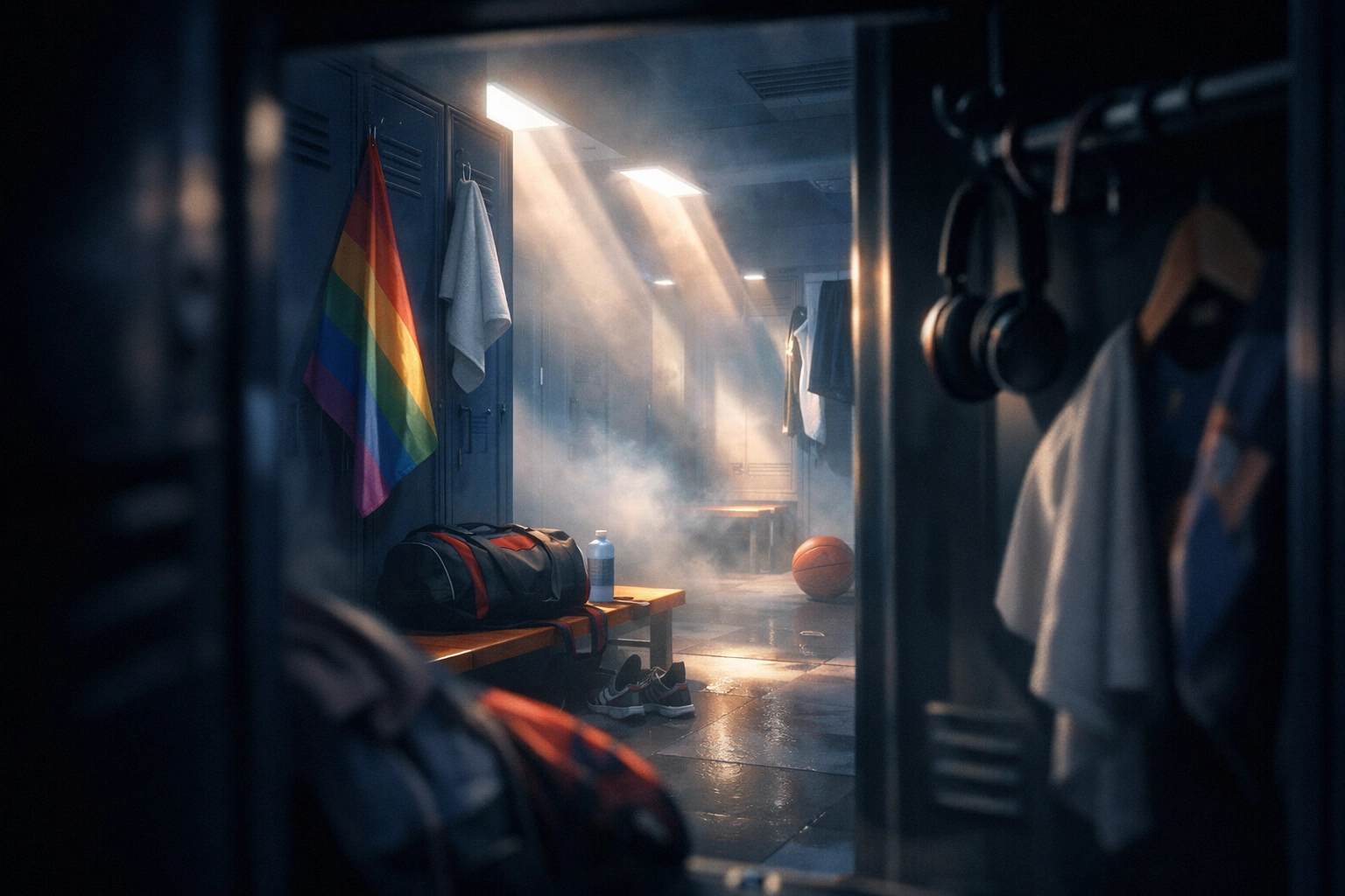 High school locker room representing anxiety for LGBTQ+ teens hiding identity