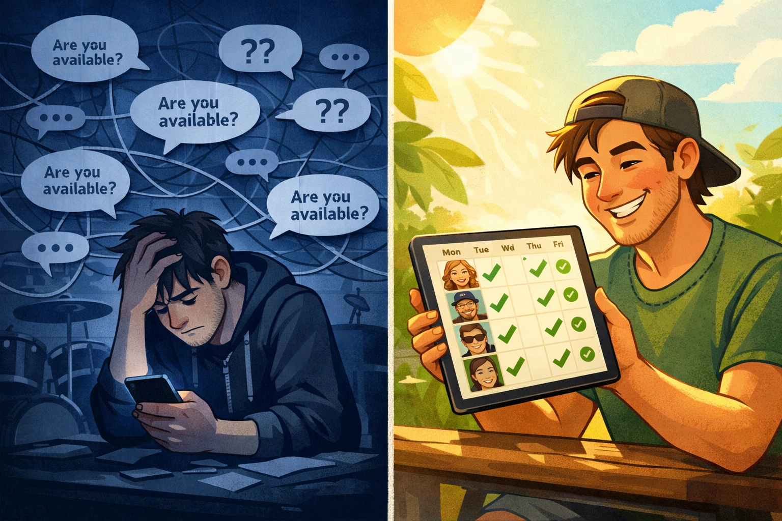 Bandleader manually texting musicians for availability versus automated band scheduling calendar system