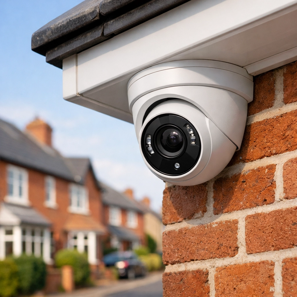 A white turret security camera installed by Filton CCTV installers on a residential brick home.