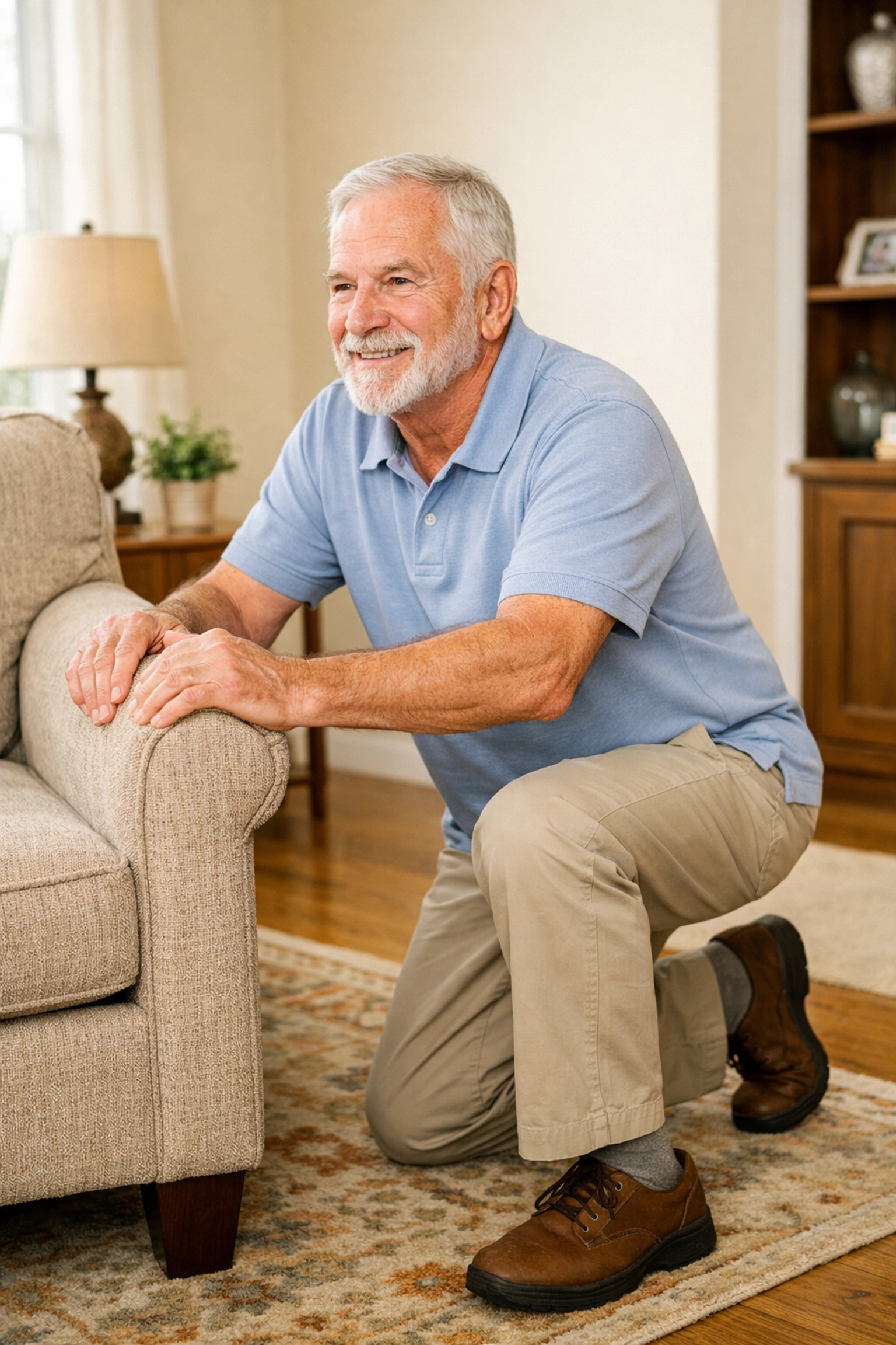 Senior man in half-kneeling position using chair armrest for support to stand up safely