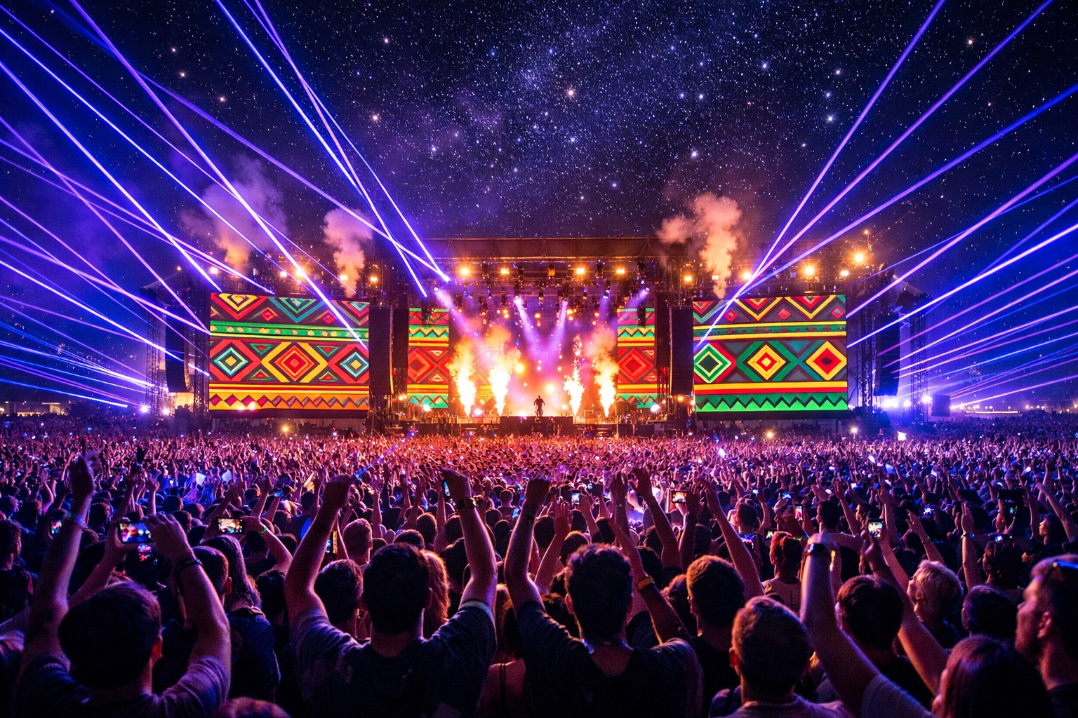A massive outdoor music festival stage featuring African geometric patterns and a global Afro House crowd.