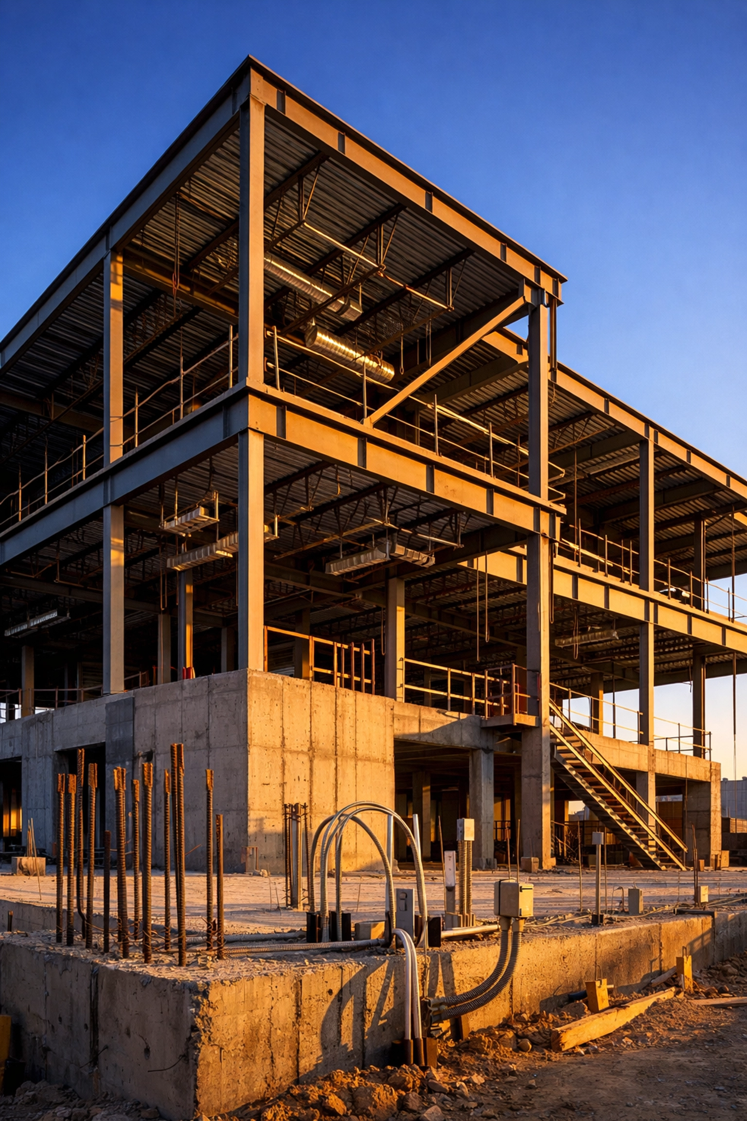 Commercial building under construction showing steel framework and foundation infrastructure