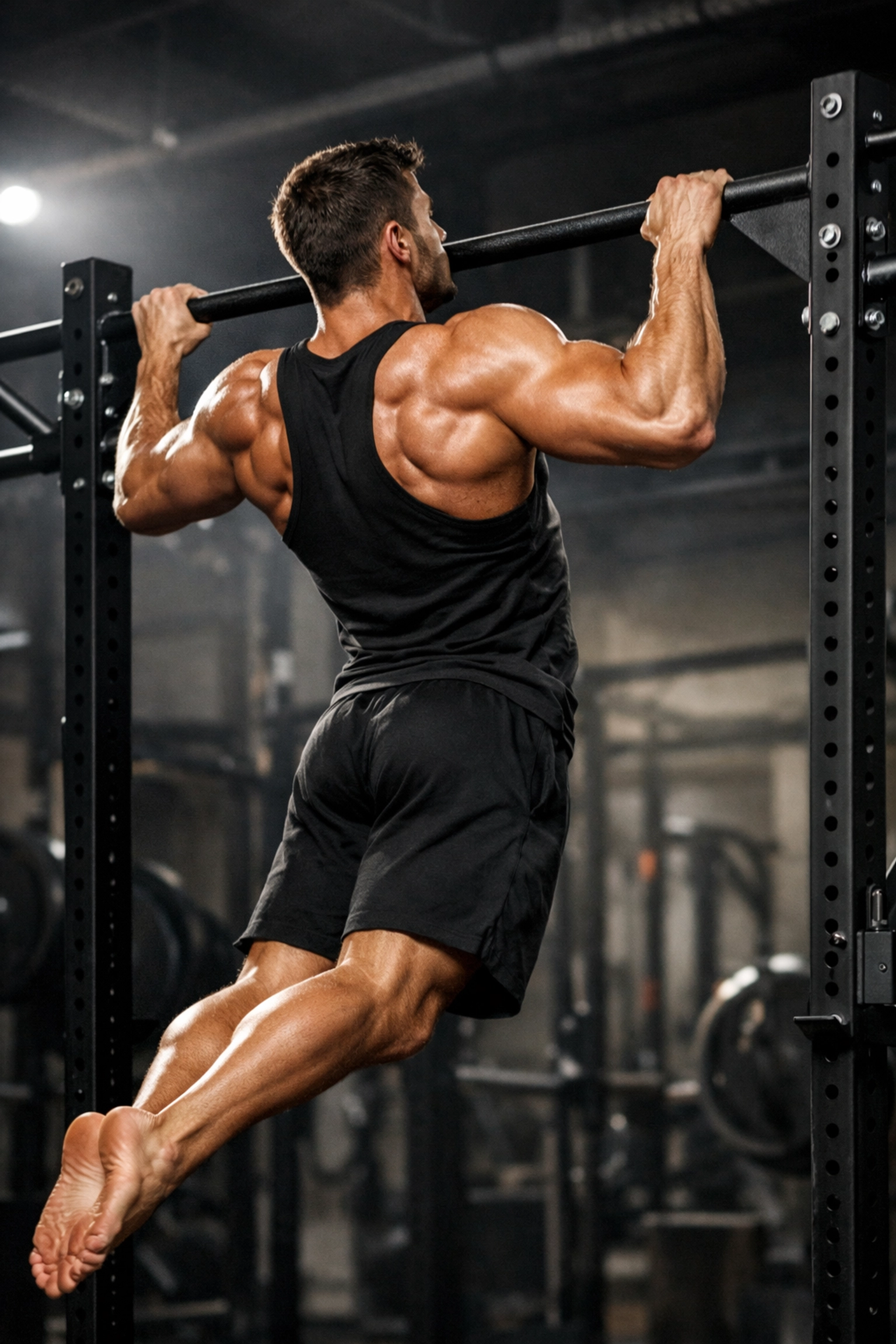 Athlete demonstrating proper pull-up grip width and form for maximum lat engagement