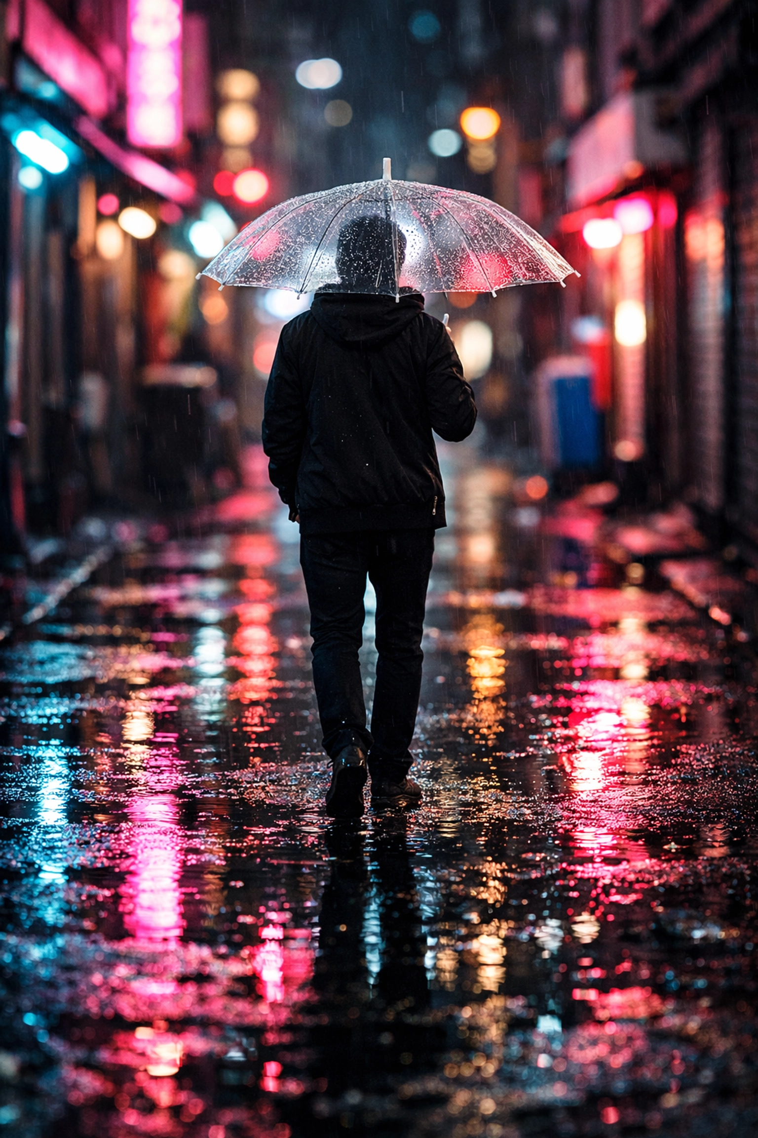 Urban photography at night with neon lights and bokeh effect for professional photography tutorials.