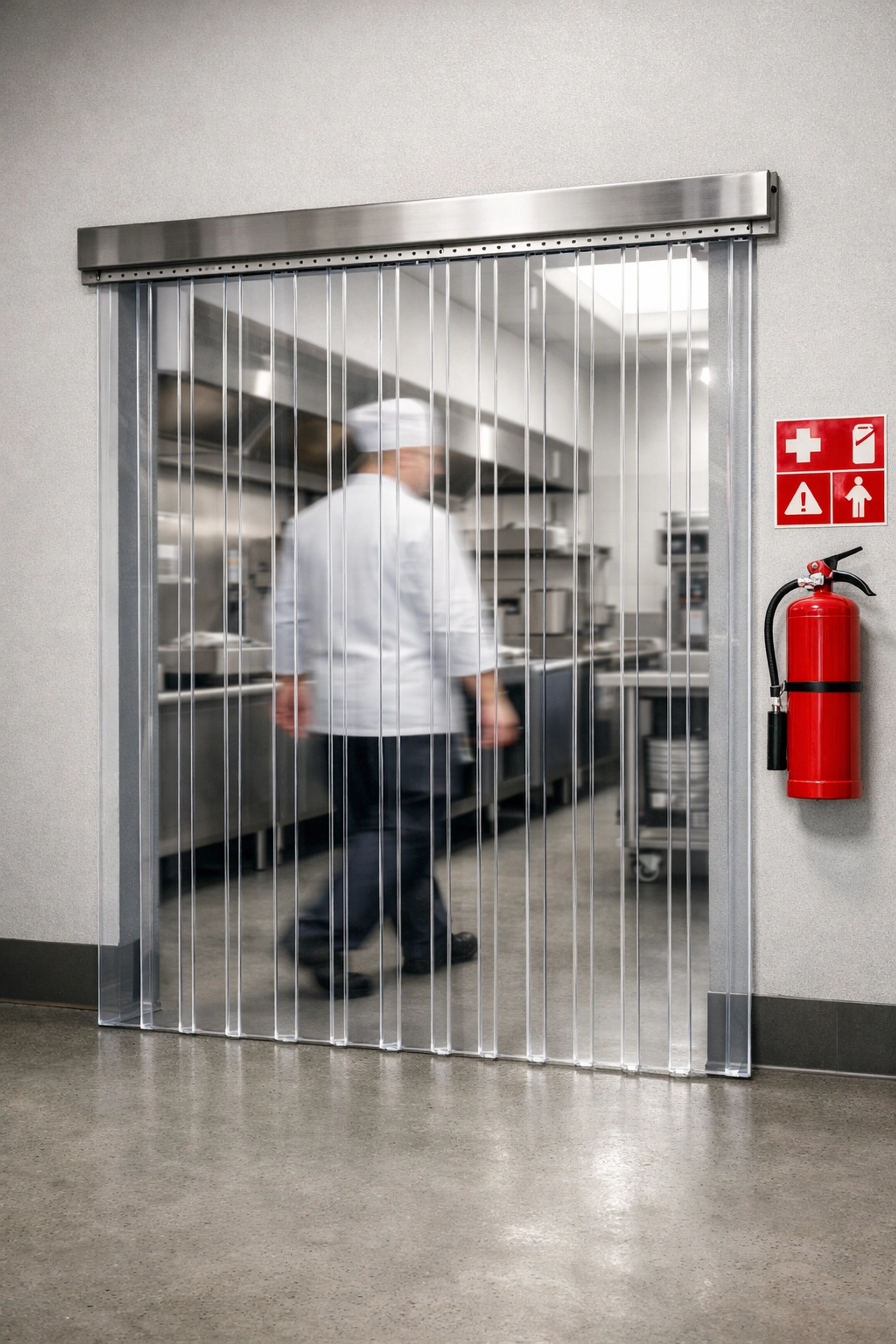 Made-to-measure PVC strip curtains installed in a commercial kitchen doorway for a perfect custom fit.