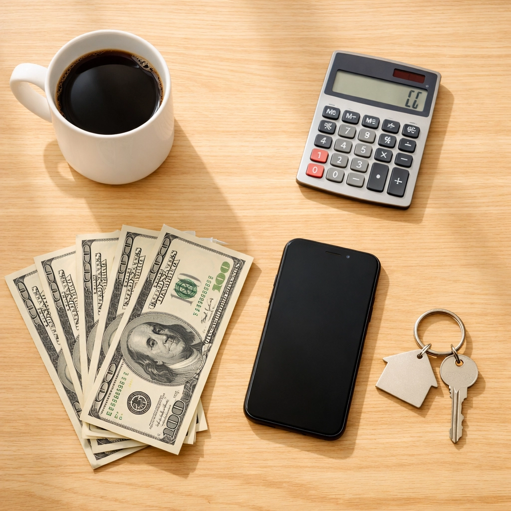 Financial planning workspace with calculator and house key for mortgage refinancing