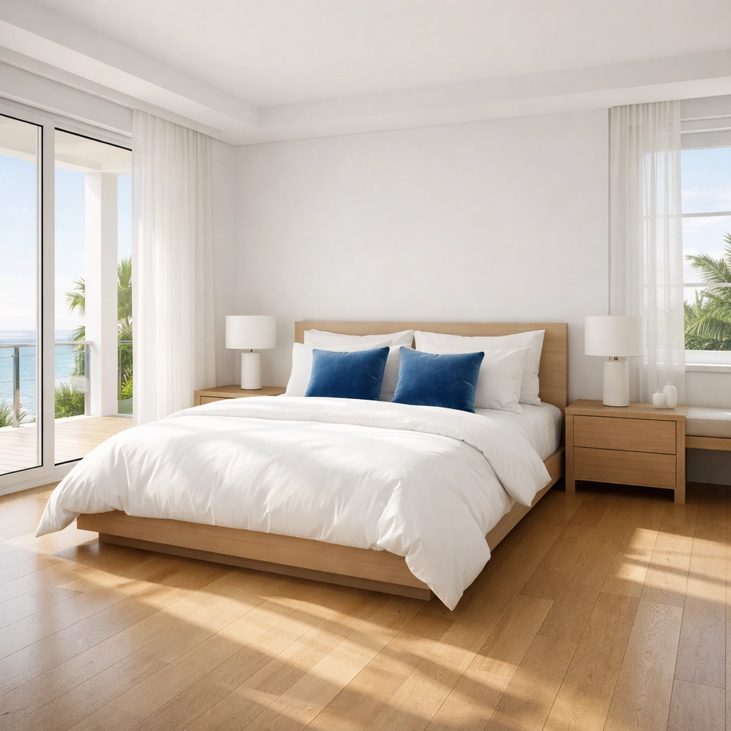Clean master bedroom sanctuary in a coastal home following a bi-weekly house cleaning service.