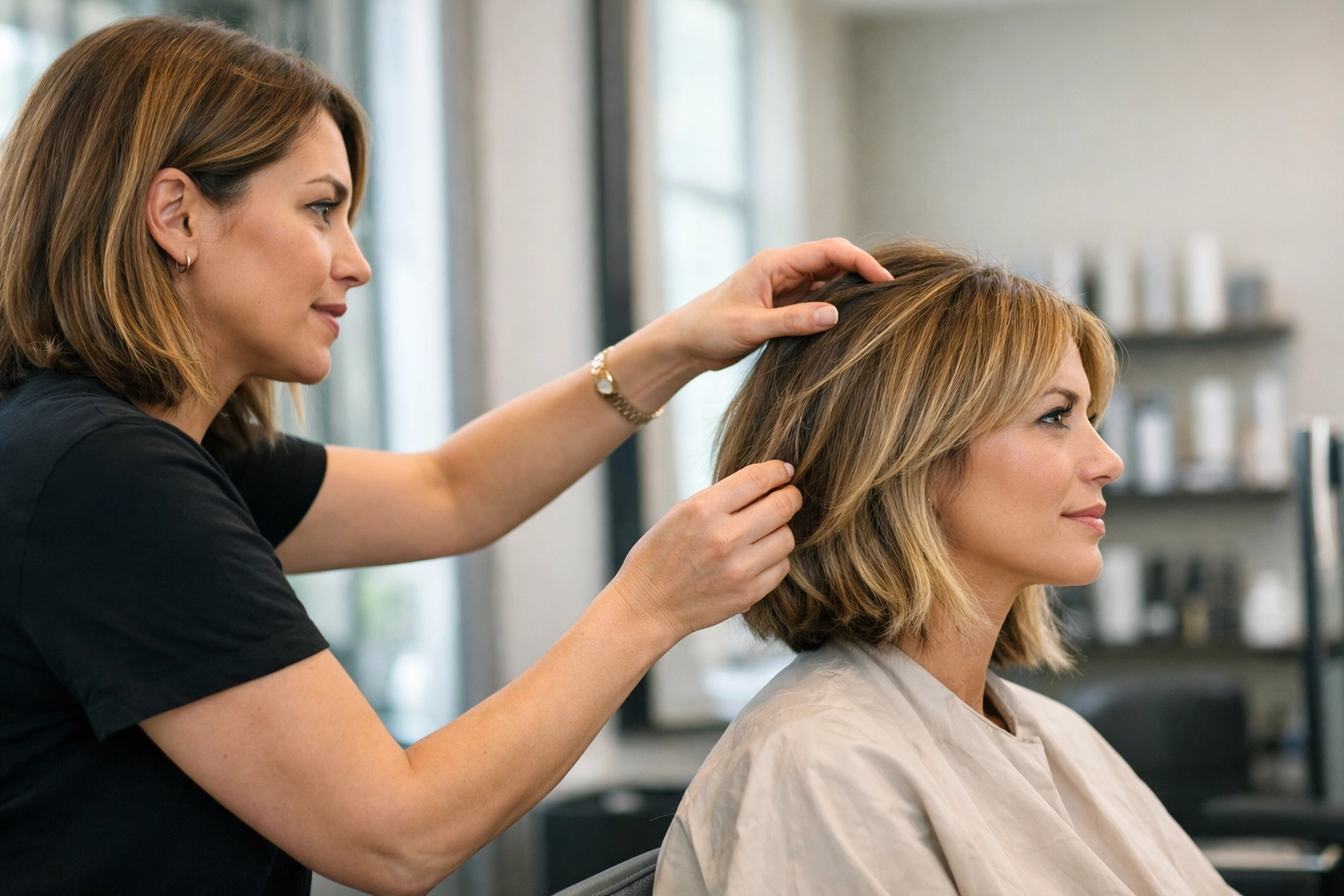Stylist consultation at hair salon Concord NH, assessing hair texture and color goals in mirror