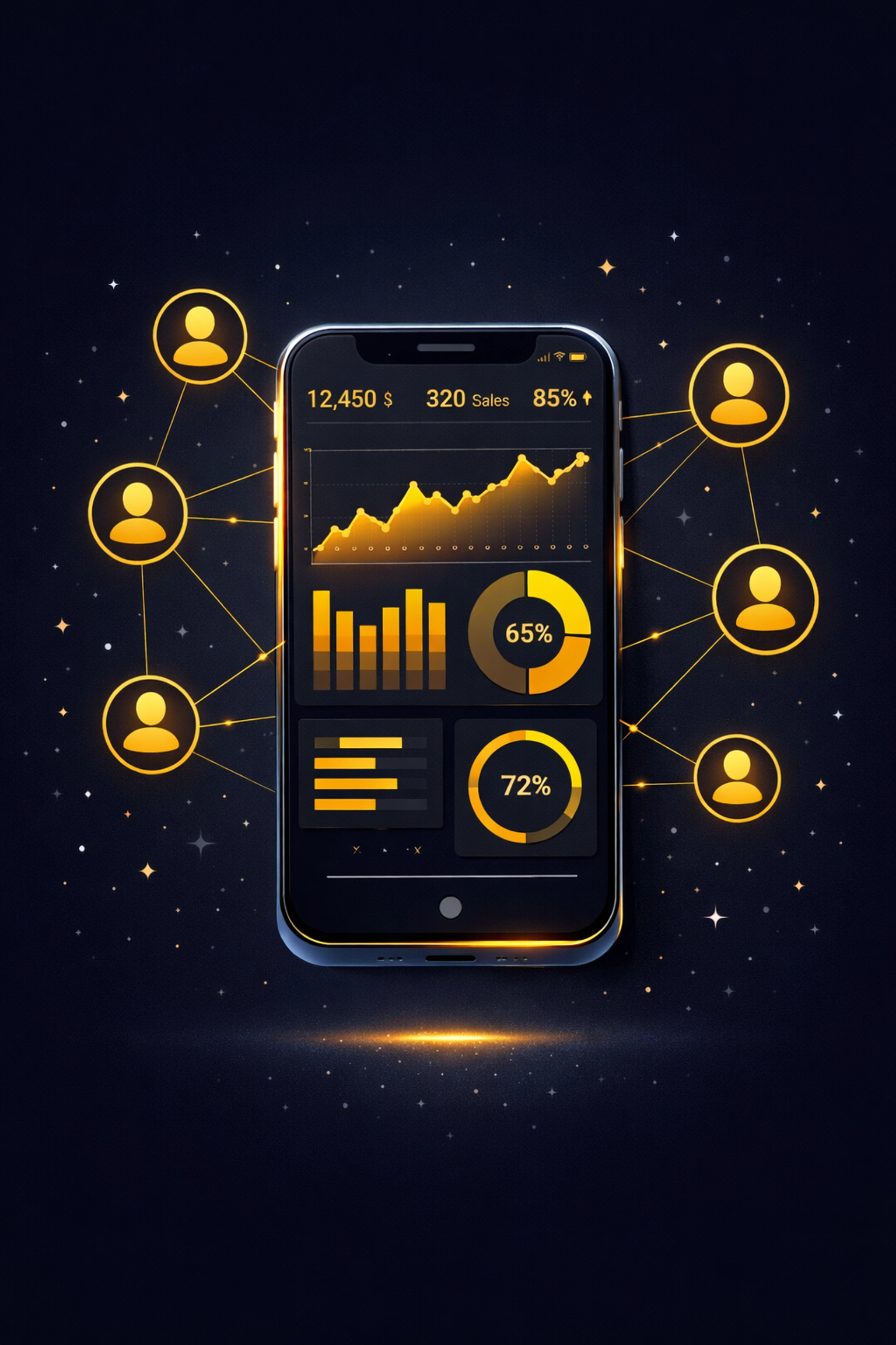MLM dashboard displaying downline tracking metrics and team performance data for network marketers