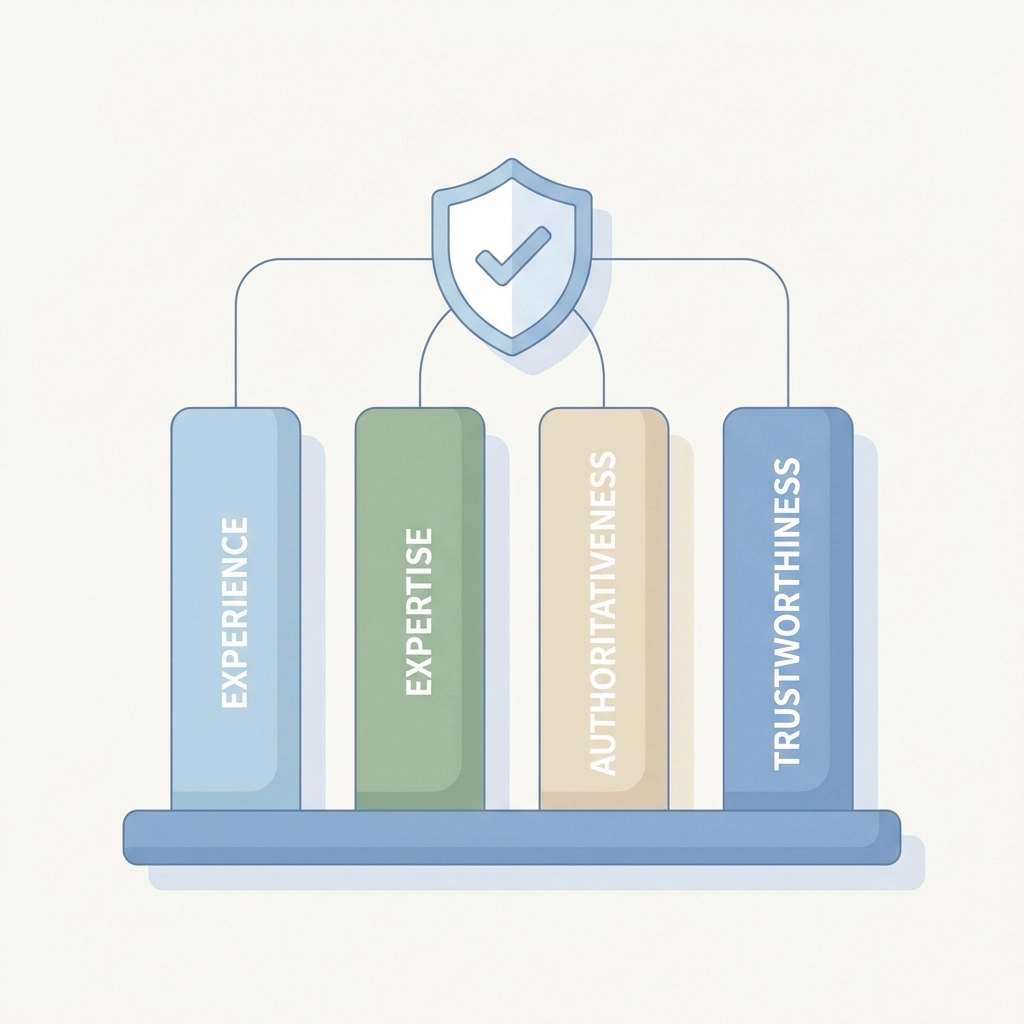 Four interlinked pillars labeled Experience, Expertise, Authoritativeness, and Trustworthiness symbolizing Google's E-E-A-T ranking criteria for Venice businesses.